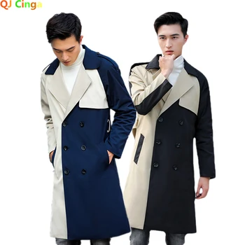 Sonbahar / Kış Yeni erkek Kruvaze Trençkot Moda İş Uzun Ceket İki Renk Dikiş Rüzgarlık S-4XL