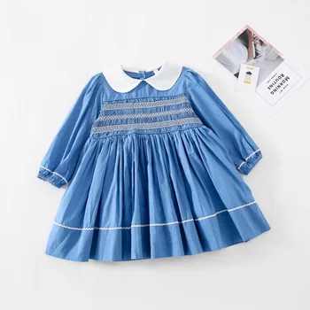 Sonbahar Yeni Bebek Kız Vintage Mavi Önlüklü Elbise için 1 2 3 4 Yıl Vestidos Çocuk Uzun Kollu Prenses Önlük Pamuk Elbise