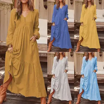 Sıcak giyim yaz Vintage Katı Renk Pamuk Keten V Boyun Uzun Kollu Kaftan Kadınlar Maxi Elbise