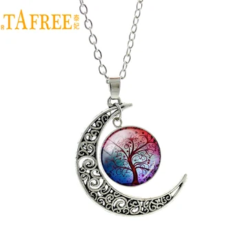 TAFREE Hayat Ağacı Ay kolye uçları Renk Uzun Zincir Kolye Kadınlar için Vintage cam Çok Katmanlı kadın mücevheratı ES136