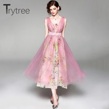 Trytree Yaz Romantik Çiçek Baskı Çift katmanlar Elbise Kadın Vual Patchwork Askı elbiseler Dantel Yay Sashes Yüksek Sokak Elbise