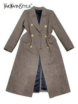 TWOTWINSTYLE Yün Kruvaze Ceket Kadınlar İçin Yaka Uzun Kollu Katı Minimalist Kalın Palto Kadın Giyim Yeni 2022 Tarzı