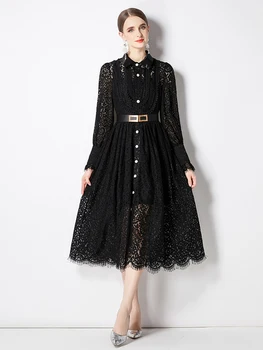 Uzun Dışarı İçi Boş Diz Elbise Kadın Kol Üzerinden Yüksek Bel Sashes Kadın Siyah Dantel Nakış Elbise Sonbahar Vintage Düğmeleri 