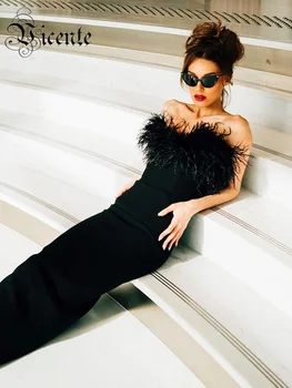 VC Kadın Straplez Tüy Tasarım Elbise İçin Parti Chic Bodycon Bandaj Siyah uzun elbise Vestido