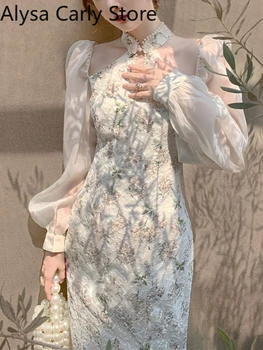 Vintage Zarif Cheongsam Elbise Kadınlar Çiçek Nakış Tasarım Parti peri elbisesi Kadın 2022 Bahar Mahkemesi Retro Uzun Bölünmüş Elbise