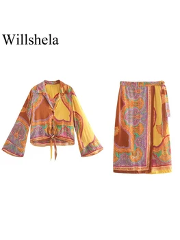 Willshela Kadın Moda 2 Parça Set Baskılı Tek Göğüslü Bluz ve Vintage Bandaj Midi Etek Şık Bayan Kadın Etek Seti