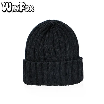 Winfox Yeni Marka Moda Kış Unisex Siyah Gri Kırmızı Düz Renk Kaburga Örme bere şapkalar Kadın Erkek Çocuklar Için Kız Erkek