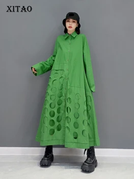 XITAO Patchwork Düğme Hollow Out Elbise Kadınlar 2021 Sonbahar Rahat Moda Yeni Stil Mizaç Tüm Maç kadın kıyafetleri WMD2553