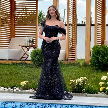 Xıjun Sparkly Siyah Pullu Boncuk Mermaid balo kıyafetleri Kapalı Omuz Plise Dantelli Abiye Düğün Parti Kıyafeti 2022