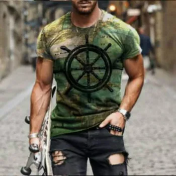 Yaz erkek tişört Avrupa ve Amerikan moda denizci rüzgar çapa 3D baskı giyim kısa kollu rahat gömlek