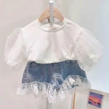 Yaz Kız Giyim Seti 2021 Yeni Moda çocuk Bebek kısa kollu tişört Üst Kot İki parçalı Set Çocuk Giyim