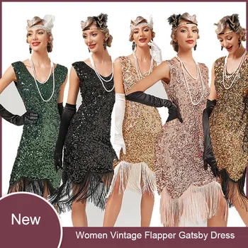 Yeni Gelenler kadın 1920 s 30 Pullu Saçaklı Boncuklu Sineklik Gatsby Kokteyl Elbise Düğün Örgün Parti Elbiseleri