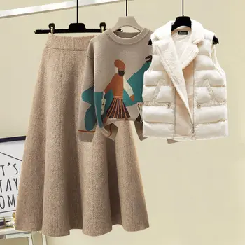 Yeni Kış Sıcak Kazak 3 Parça Set Kadın Karikatür Baskı Kazak + Kuzu Yün Yelek +A-line Etek Örme Takım Elbise Artı Boyutu Eşofman