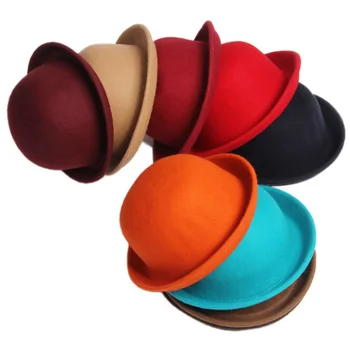 Yetişkin Çocuk Düz üst Fedora Şapka Saf Renk Taklit Yün Caz Şapka Geniş Ağız Bayanlar Zarif Yuvarlak Şapka Melon Şapka