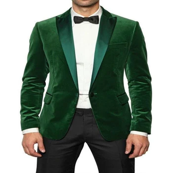 Yeşil Kadife Sigara Erkek Takım Elbise Slim fit Düğün Damat Smokin 2 Parça Akşam Yemeği Ceket Siyah Pantolon Erkek Moda Kostüm