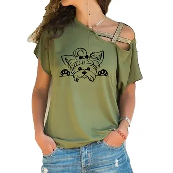 Yorkshire Terrier T Shirt Kadın Pamuk Kısa Kollu Kız Tshirt Köpek Peeking Yorkie Köpek T-shirt Düzensiz Eğik Çapraz Bandaj T