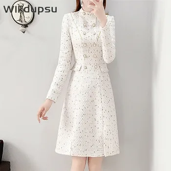 Zarif Boncuk Tüvit Elbise Midi Uzun Kollu Vestidos Sonbahar Kış Vintage Kore Tarzı İnce Rahat Ofis Bayanlar Şık Elbiseler