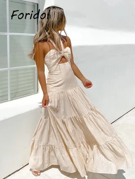 Zarif Halter uzun elbise Kadınlar için Kolsuz Plaj Boho Maxi Elbise Yaz Backless Midi Sundress Vestido De Mujer Vintage