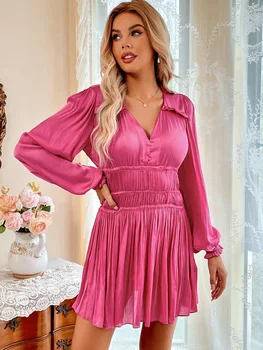 Zarif Katı Elastik Bel Uzun Fener Kollu Elbise V Yaka Baskılı Fırfır Etek 2023 İlkbahar Yaz Kadın Mini Elbise A1686