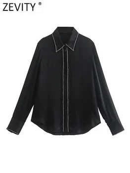 Zevity Kadın Moda Parlayan Elmas Dikiş Yumuşak Dokunuşlu Önlük Bluz Ofis Bayan Gömlek Şık Rahat Chemise Blusas Tops LS3215