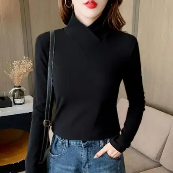 Çapraz V Boyun Standı Yaka Uzun Kollu Slim Fit Dip Bluz Sonbahar Kış Kalınlaşmış Saf Renk Termal Üst Günlük Giyim