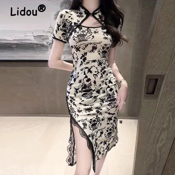 Çin Tarzı Cheongsam Disk Düğmesi X şeklinde Elbise Yaz Moda Vintage Dantel Elbise Seksi Zarif Elbise Kadın Çiçek Elbise