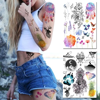 Çiçek Dreamcatcher Geçici Dövmeler Kadınlar İçin Renkli Kelebek Sahte Dövme Etiket Lavanta Dağ Vücut Kol Bandı Gül Dövme