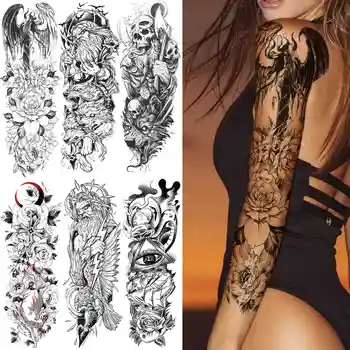 Çiçek Geçici Dövme Kadın Erkek Yetişkin Tam Kol Şeytan Kanatları Dövmeler Sticker Kollu Sahte Siyah Kafatası Tanrı Dövmeler Omuz