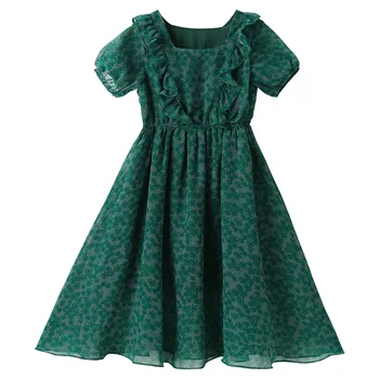 Çiçek Zarif Koyu Yeşil Genç Kız Elbise Yaz Dantelli Sevimli Orta Uzun Çocuklar Elbiseler Şifon Çocuk Giyim,#6301