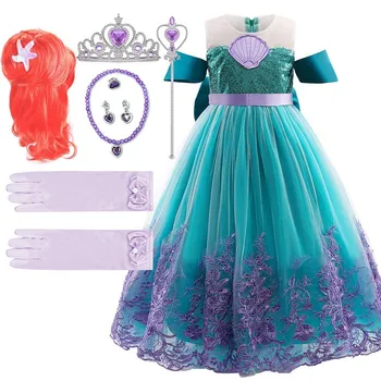 Çocuklar Ariel Denizkızı Kostüm Çocuk Yaz Kapalı Omuz Vestidos Küçük Kızlar Cadılar Bayramı Prenses Elbise Cosplay Fantezi Giyim