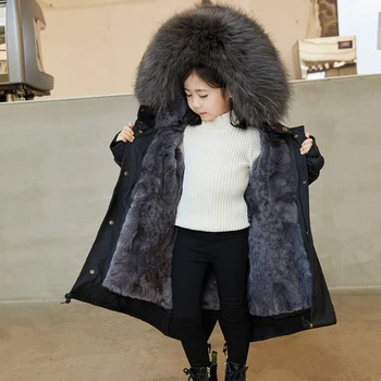 Çocuklar kışlık kürk palto Erkek Kız Doğal Rex Tavşan Kürk Kapşonlu Parkas Çocuk Kalın Sıcak Giysiler Ayrılabilir Giyim
