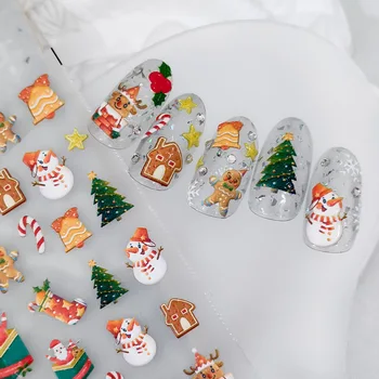 Güzel Noel 5D Kabartmalı Kabartmalar Kendinden Yapışkanlı Tırnak Sanat Çıkartmalar Zencefilli Ev Noel Baba Kardan Adam 3D Manikür Çıkartmaları